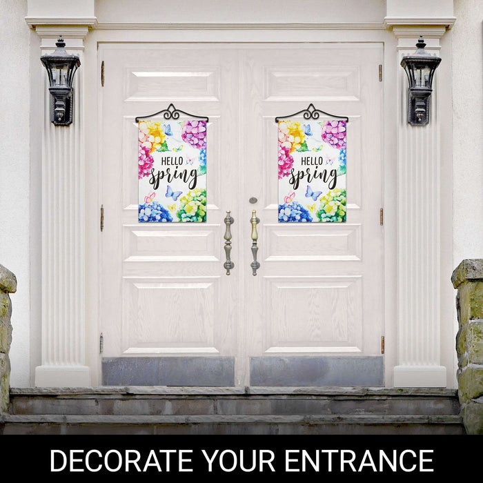 G128 12x18IN Hello Spring Hydrangea Butterfly Garden Flag with 14IN Hanger