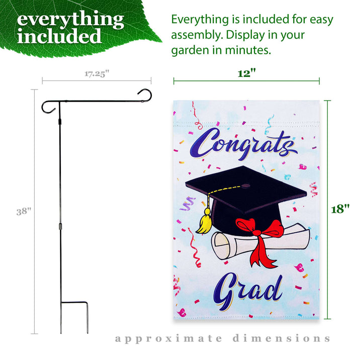 G128 Combo Pack: Garden Flag Stand 36x16IN & Garden Flag Happy Graduation Congrats Cap Printed 12x18IN Double Sided