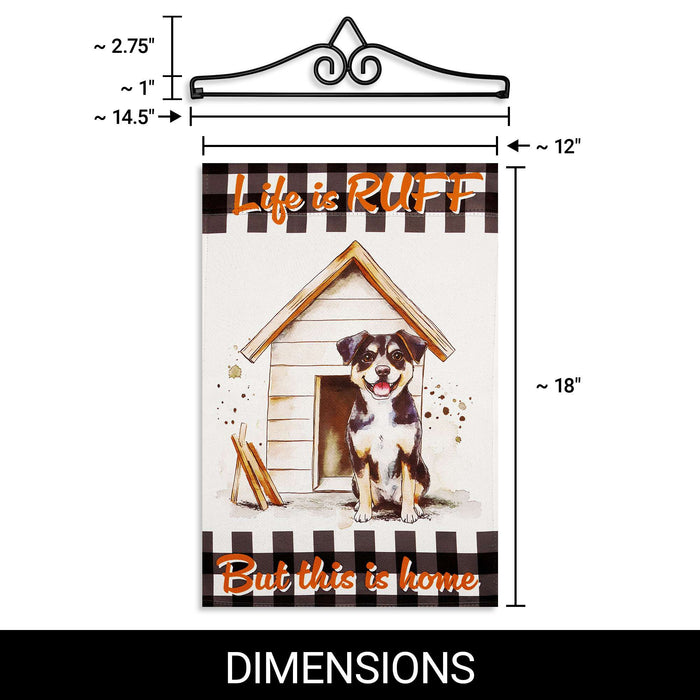 G128 Combo Pack Garden Flag Hanger 14IN & Garden Flag Life is Ruff Dog House Printed 12x18IN Double Sided Yard Lawn Decoration