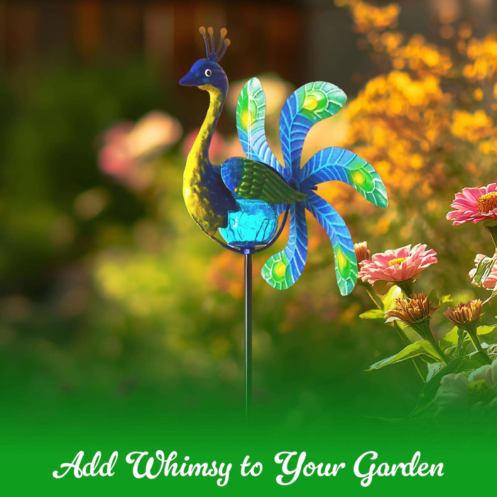 G128 Solar Peacock Metal Yard Wind Spinner Stake | Outdoor 38 inch Peacock Statue with LED Lights Decorations Swivel Wind Spinner for Patio Garden Backyard