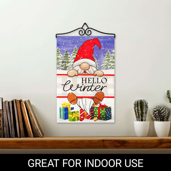G128 Combo Pack Garden Flag Hanger 14IN & Garden Flag Hello Winter Gnome Gifts Printed 12x18IN Double Sided