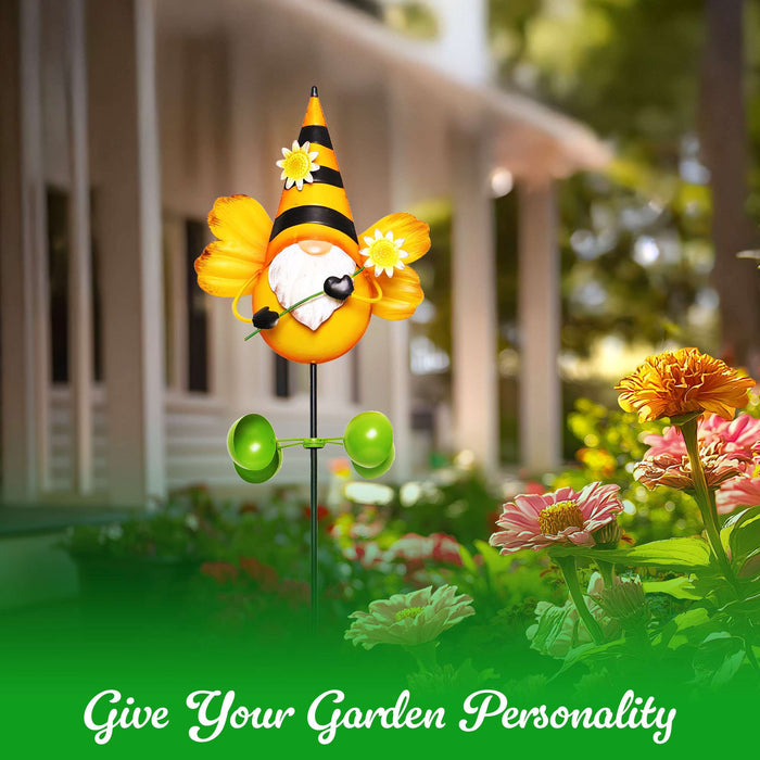 G128 Gnome Bee Metal Yard Wind Spinner Stake | Outdoor 48 inch Gnome Statue Decorations 360 Degrees Swivel Wind Spinner for Patio Garden Backyard