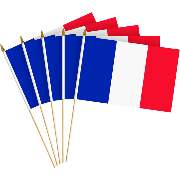 G128 10 Pack Handheld France French Stick Flags | 8x12 In | Printed 150D Polyester, Country Flag, Solid Plastic Stick, Spear White Tip
