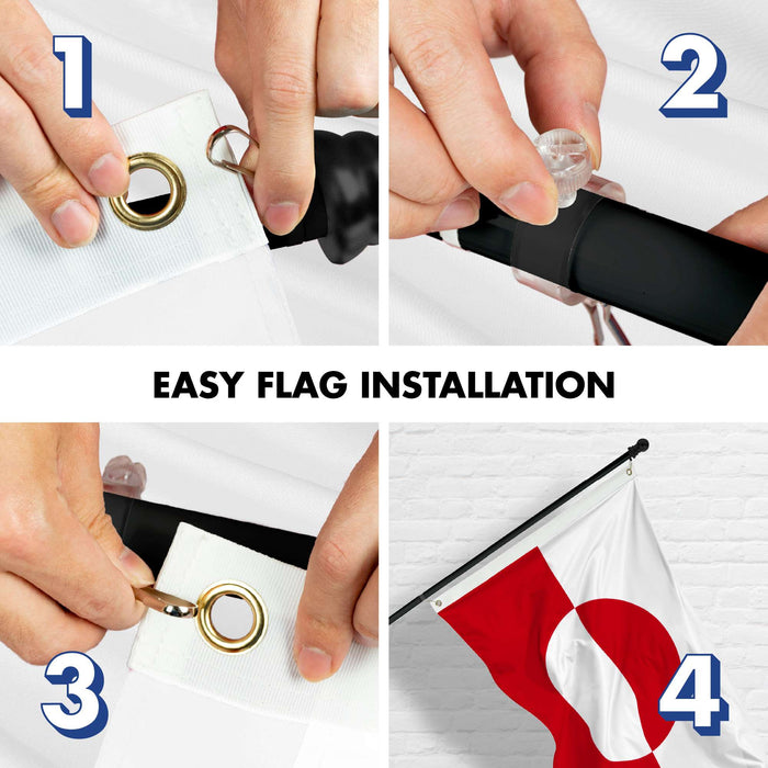G128 Combo Pack: 6 Ft Twist Free Aluminum Spinning Flagpole (Black) & Greenland Flag | 3x5 Ft | LiteWeave Pro Series Printed 150D Polyester | Pole with Flag Included