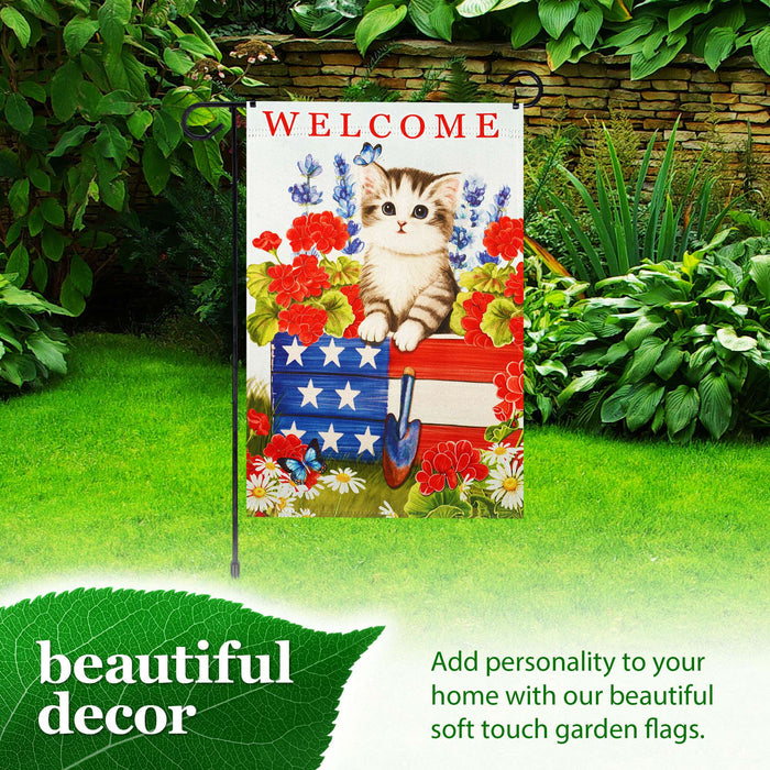 G128 Combo Pack: Garden Flag Stand 36x16IN & Garden Flag Welcome Kitten Patriotic Printed 12x18IN Double Sided