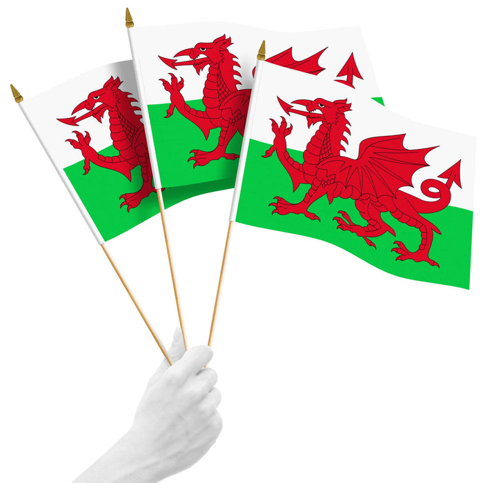 G128 10 Pack Handheld Wales Welsh Stick Flags | 12x18 In | Printed 150D Polyester, Country Flag, Solid Plastic Stick, Spear White Tip