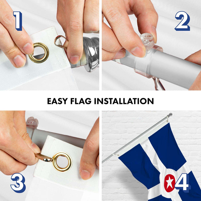 G128 Combo Pack: 6 Ft Twist Free Aluminum Spinning Flagpole (Silver) & Indianapolis Flag | 3x5 Ft | LiteWeave Pro Series Printed 150D Polyester | Pole with Flag Included