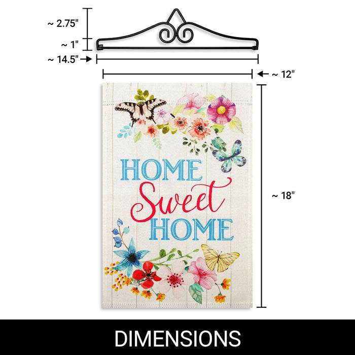 G128 Combo Pack Garden Flag Hanger 14IN & Garden Flag Home Sweet Home Butterflies Printed 12x18IN Double Sided