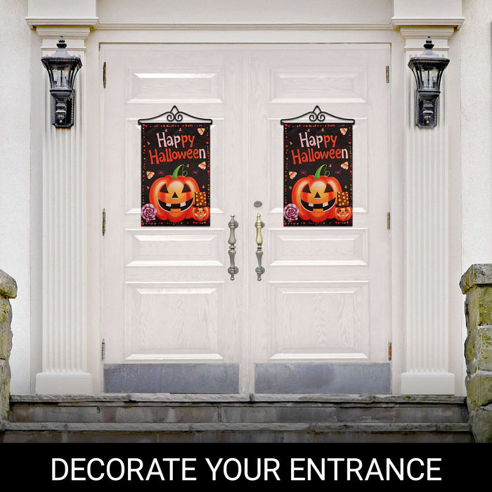 G128 12x18IN Happy Halloween Pumpkin Candy Garden Flag with 14IN Hanger