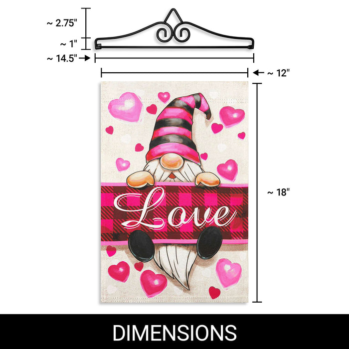 G128 Combo Pack Garden Flag Hanger 14IN & Garden Flag Happy Valentine's Day Love Gnome Printed 12x18IN Double Sided