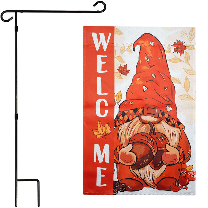 G128 36x16IN Garden Flag Stand & 12x18 Welcome Fall Gnome Flag Kit