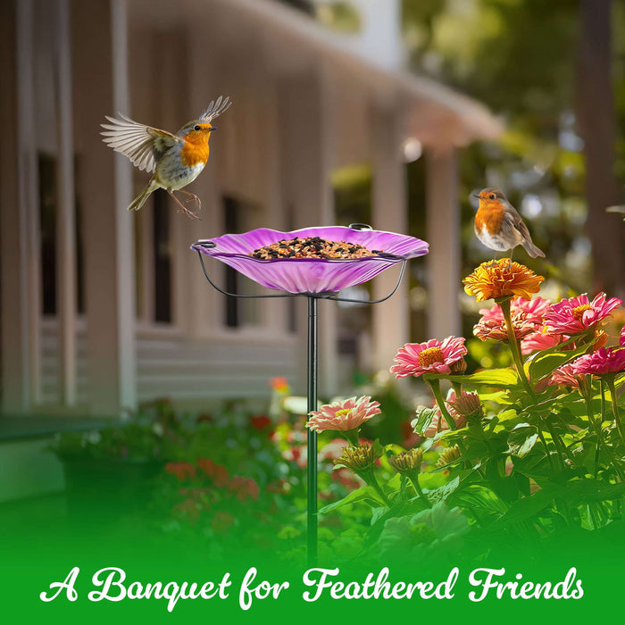 G128 29 Inch Height Glass Bird Baths with Metal Stake | Decorative Purple Flower Design Outdoor Garden Bird Feeder