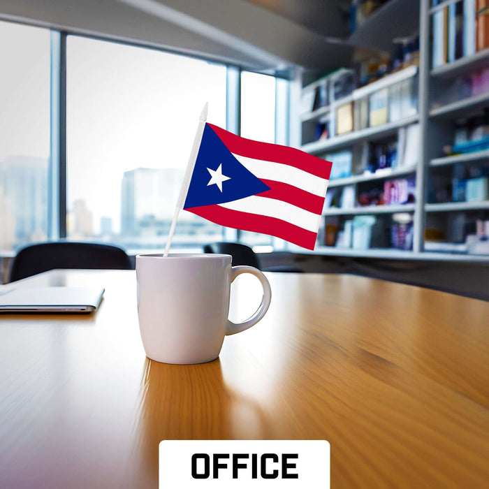 G128 50 Pack Handheld Puerto Rico Puerto Rican Stick Flags | 4x6 In | Printed 150D Polyester, Country Flag, Solid Plastic Stick, Spear White Tip