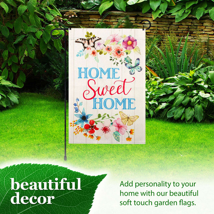 G128 Combo Pack: Garden Flag Stand 36x16IN & Garden Flag Home Sweet Home Butterflies Printed 12x18IN Double Sided