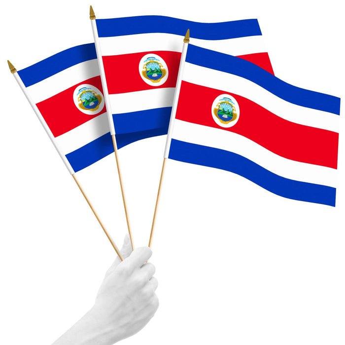 G128 10 Pack Handheld Costa Rica Costa Rican Stick Flags | 12x18 In | Printed 150D Polyester, Country Flag, Solid Plastic Stick, Spear White Tip