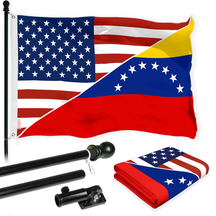 G128 Combo Pack: 6 Ft Tangle Free Aluminum Spinning Flagpole (Black) & Venezuela 8 Stars USA Friendship Flag | 3x5 Ft |LiteWeave Pro Series Printed 150D Polyester | Pole with Flag Included
