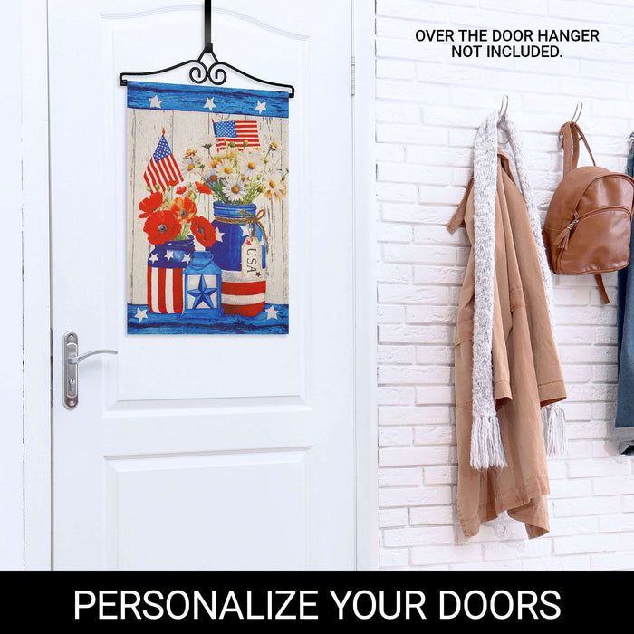 G128 Combo Pack Garden Flag Hanger 14IN & Garden Flag Rustic Mason Jar Patriotic Flowers Printed 12x18IN Double Sided Yard Garden Lawn Decoration