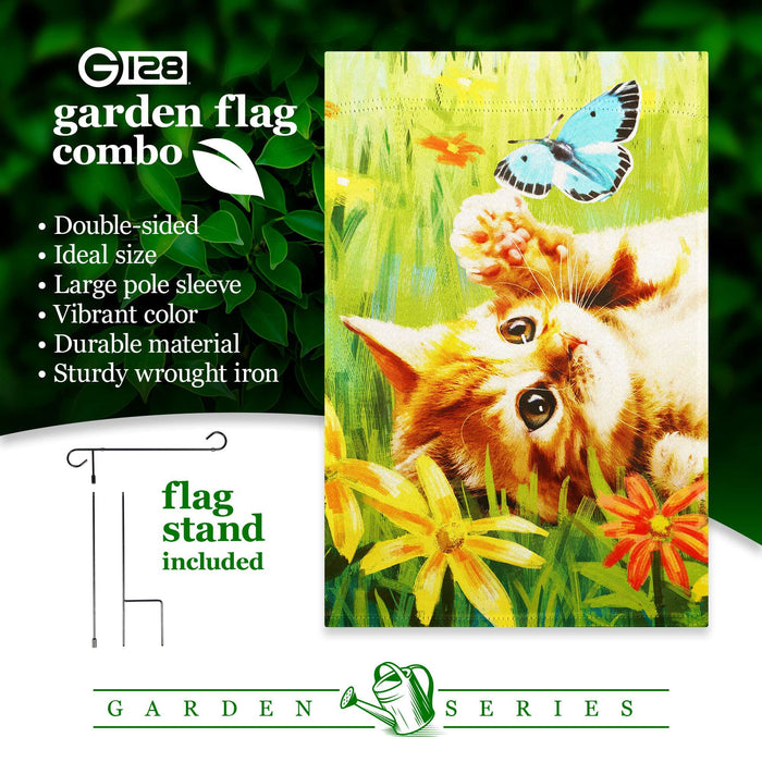 G128 Combo Pack: Garden Flag Stand 36x16IN & Garden Flag Kitten Butterfly Flowers Printed 12x18IN Double Sided