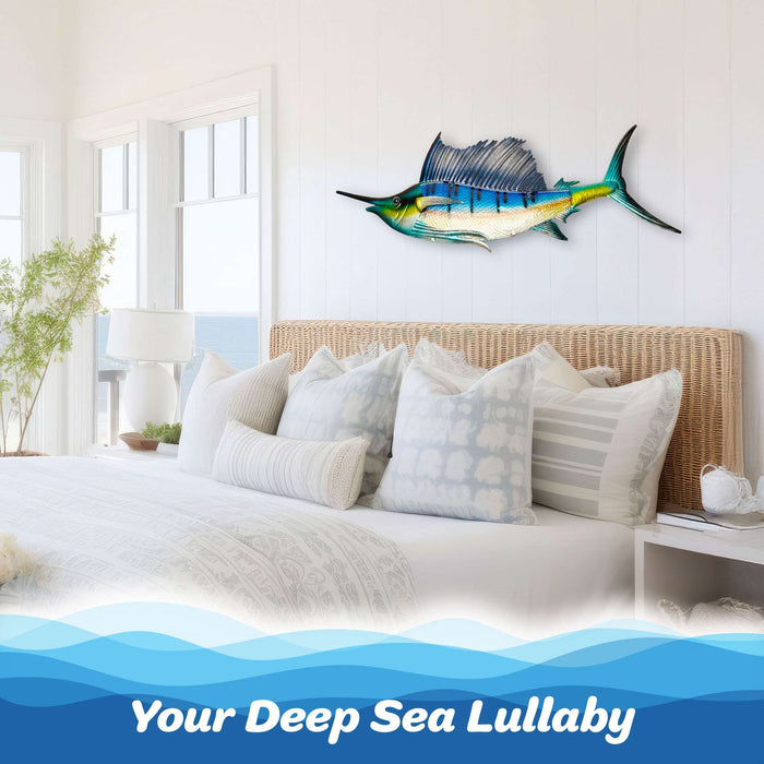 G128 36 in Metal Sailfish Wall Hanging Art Decor | Ocean Theme Art Wall Indoor Decoration for Kitchen, Living Room, Bedroom, Home Office