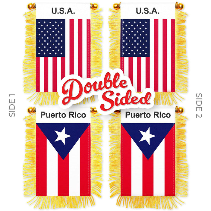 G128 Combo Pack: American USA & Puerto Rico Fringy Flag Double Sided 3x5 In | Both Fringy Hanging Flag with Suction Cup