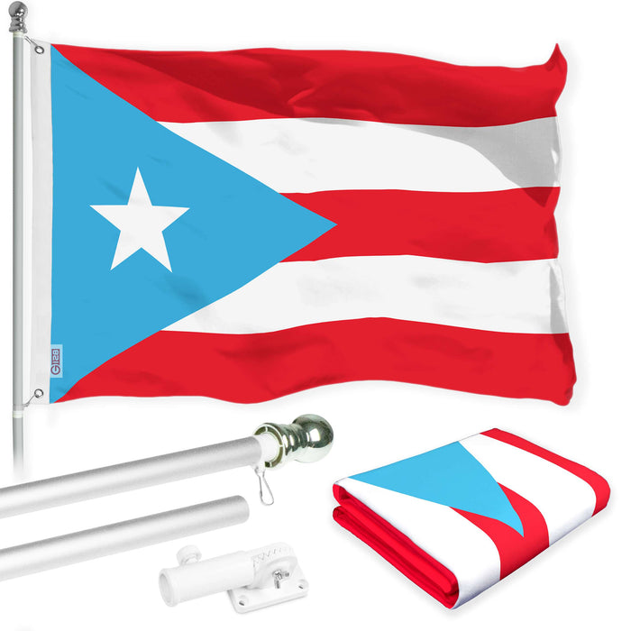 G128 Combo Pack: 5 Ft Twist Free Aluminum Spinning Flagpole (Silver) & Puerto Rico Light Blue PR Flag | 2x3 Ft | LiteWeave Pro Series Printed 150D Polyester | Pole with Flag Included