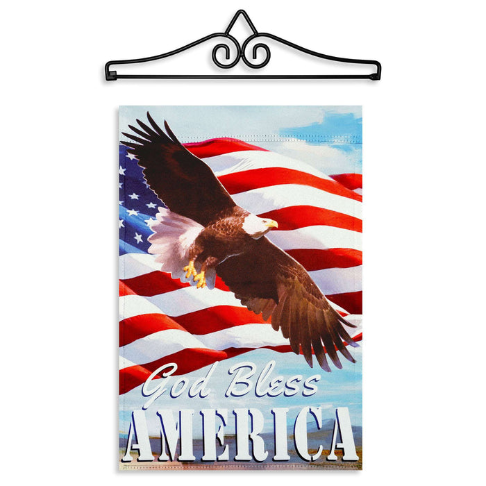 G128 Combo Pack Garden Flag Hanger 14IN & Garden Flag God Bless America with Eagle Printed 12x18IN Double Sided