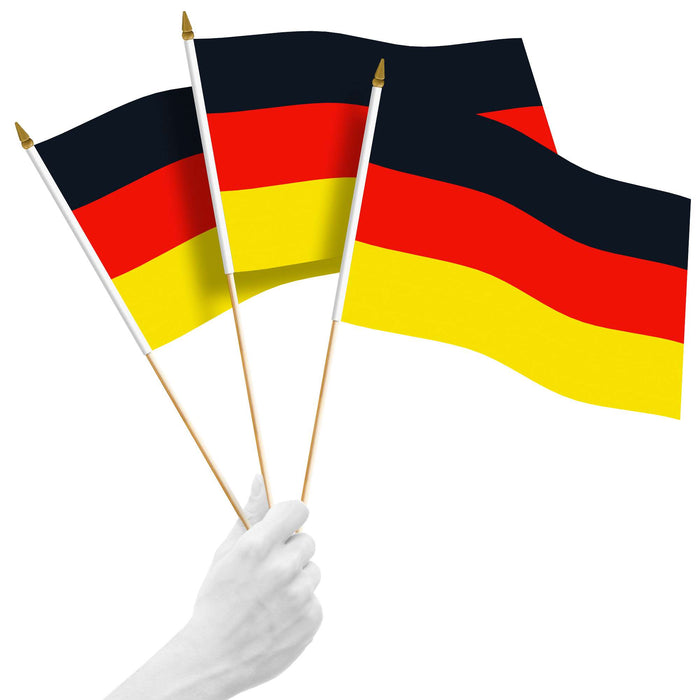 G128 10 Pack Handheld Germany German Stick Flags | 12x18 In | Printed 150D Polyester, Country Flag, Solid Plastic Stick, Spear White Tip