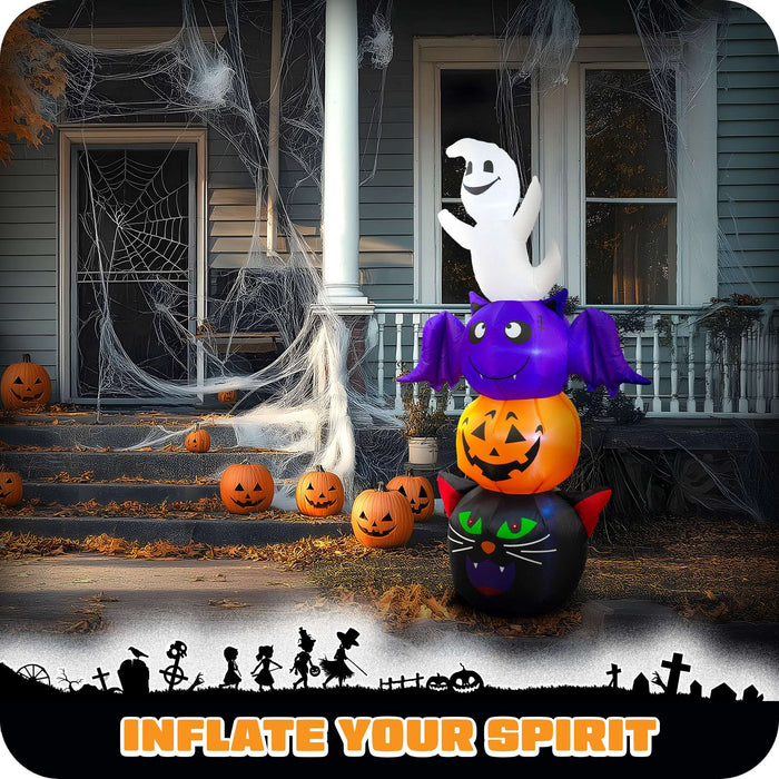 G128 6FT inflatable Halloween stack of a ghost, bat, pumpkin and black cat lit up on a lawn