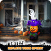 G128 6FT inflatable Halloween stack of a ghost, bat, pumpkin and black cat lit up on a lawn