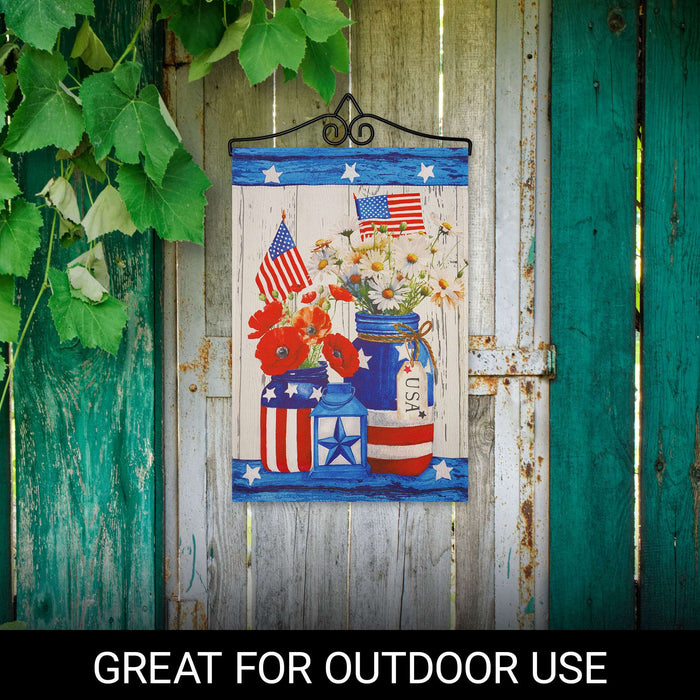 G128 Combo Pack Garden Flag Hanger 14IN & Garden Flag Rustic Mason Jar Patriotic Flowers Printed 12x18IN Double Sided Yard Garden Lawn Decoration