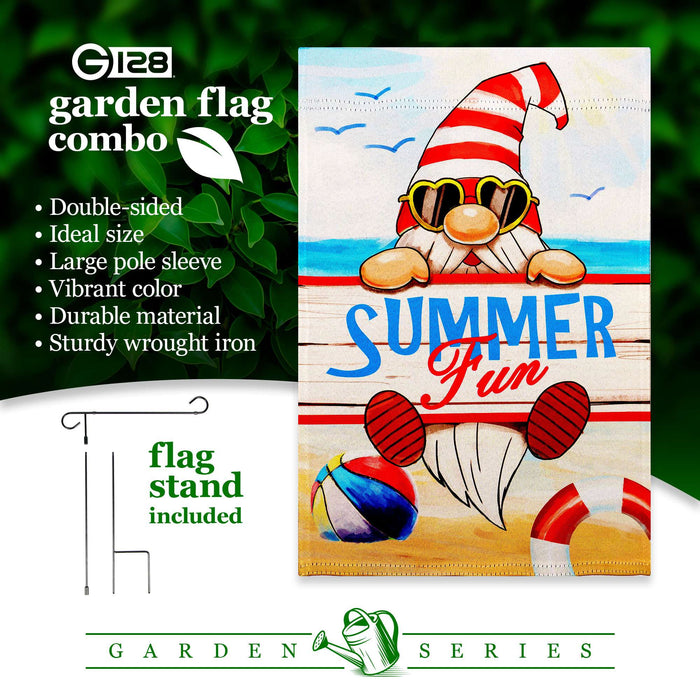 G128 Combo Pack: Garden Flag Stand 36x16IN & Garden Flag Summer Fun Gnome Printed 12x18IN Double Sided