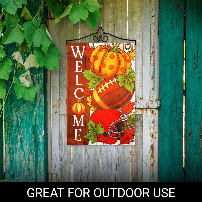 G128 12x18IN Welcome Fall Football Pumpkin Garden Flag with 14IN Hanger