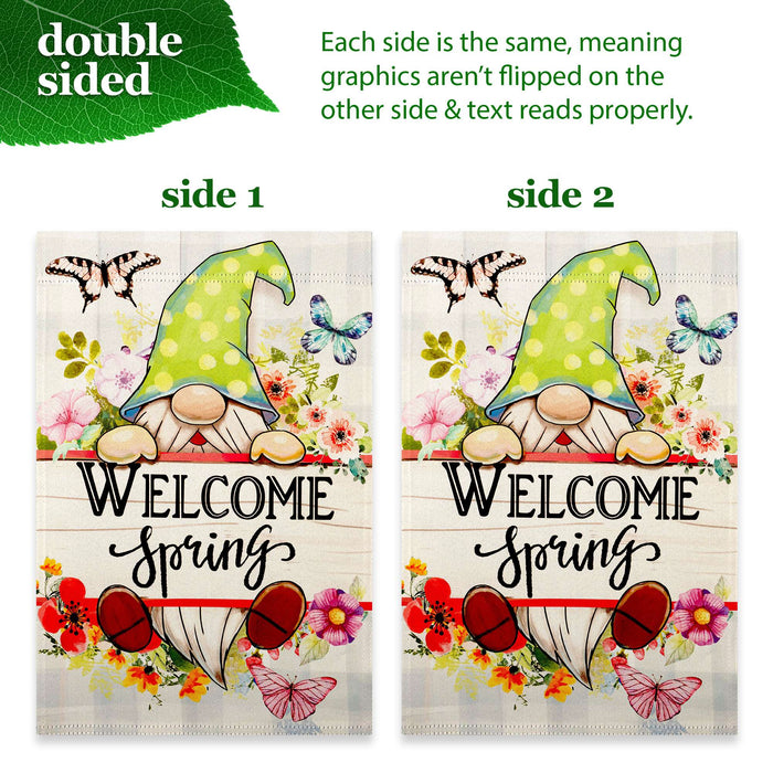 G128 Combo Pack: Garden Flag Stand 36x16IN & Garden Flag Welcome Spring Gnome Flowers Printed 12x18IN Double Sided