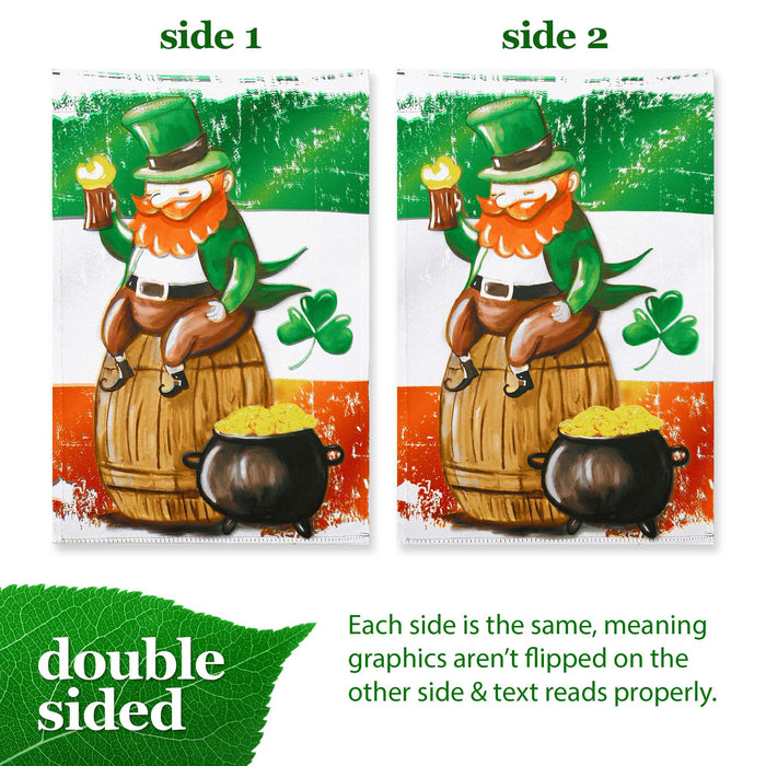 G128 Happy St. Patrick's Day Leprechaun Barrel Gold Garden Flag 12x18 In Double Sided St. Patrick's Day Yard Garden Lawn Decoration