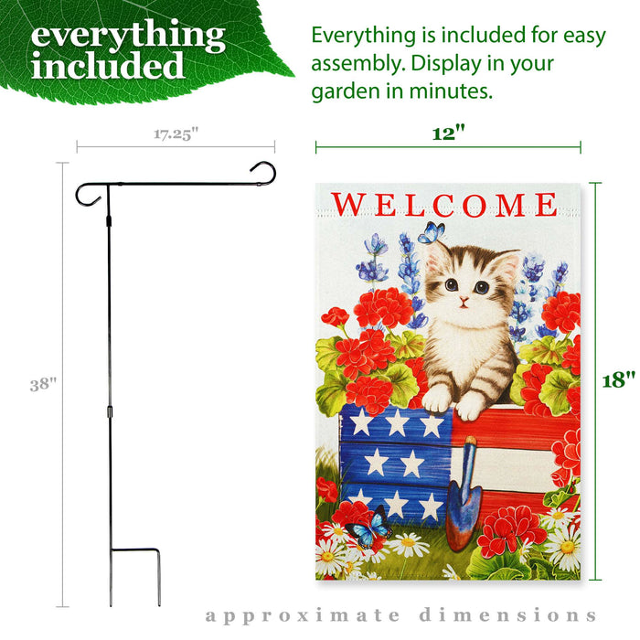 G128 Combo Pack: Garden Flag Stand 36x16IN & Garden Flag Welcome Kitten Patriotic Printed 12x18IN Double Sided