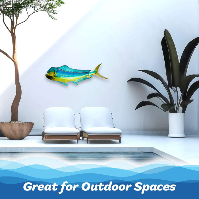 G128 36 IN Green Mahi-mahi Metal Wall Art Decor | Tropical Ocean Theme Indoor Outdoor Wall Art Hanging Decor for Bedroom, Living Room, Garden, Patio