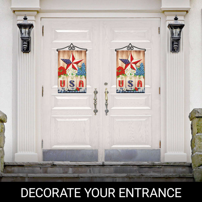 G128 Combo Pack Garden Flag Hanger 14IN & Garden Flag USA Star Flowers Printed 12x18IN Double Sided