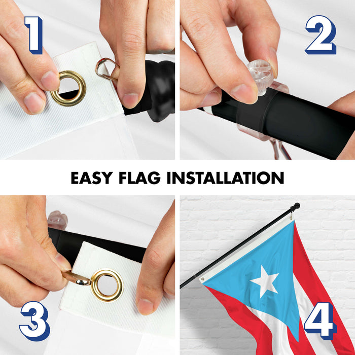 G128 Combo Pack: 5 Ft Twist Free Aluminum Spinning Flagpole (Black) & Puerto Rico Light Blue PR Flag | 2x3 Ft | LiteWeave Pro Series Printed 150D Polyester | Pole with Flag Included