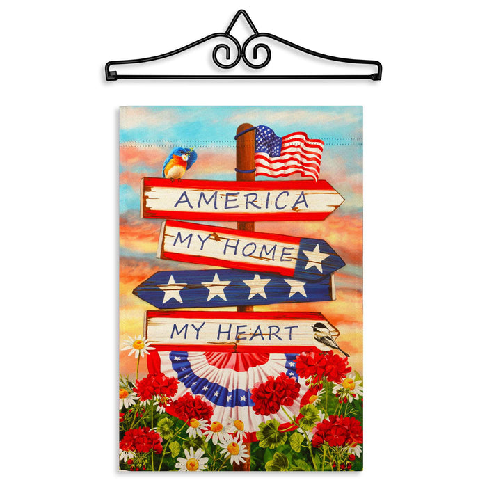 G128 Combo Pack Garden Flag Hanger 14IN & Garden Flag America My Home My Heart Printed 12x18IN Double Sided