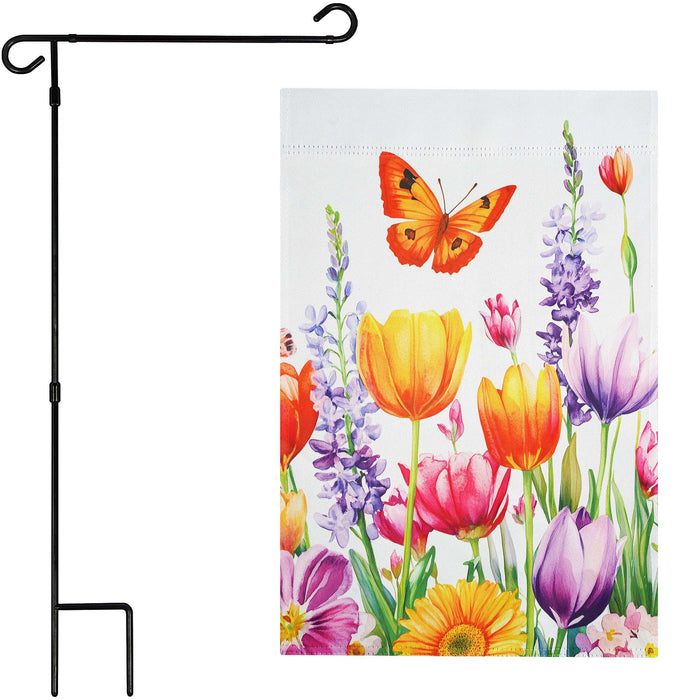 G128 36x16IN Garden Flag Stand & 12x18 Spring Tulip Butterfly Flag Kit