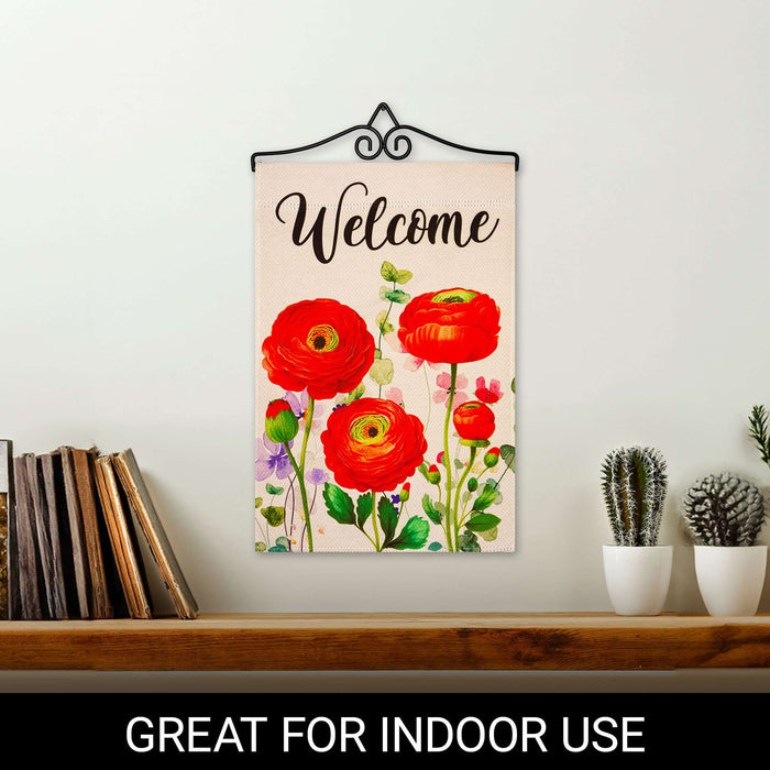G128 Combo Pack Garden Flag Hanger 14IN & Garden Flag Spring Welcome Red Orange Flowers Printed 12x18IN Double Sided Yard Garden Lawn Decoration