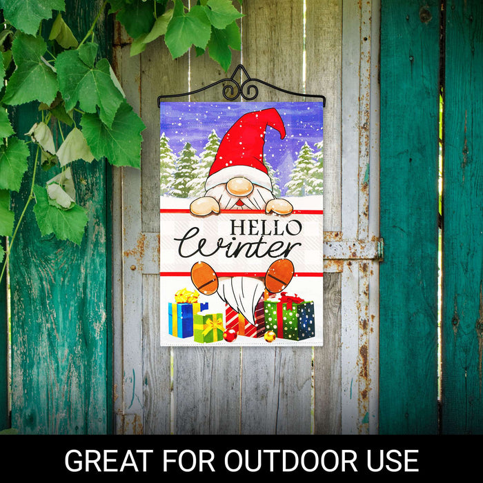 G128 Combo Pack Garden Flag Hanger 14IN & Garden Flag Hello Winter Gnome Gifts Printed 12x18IN Double Sided