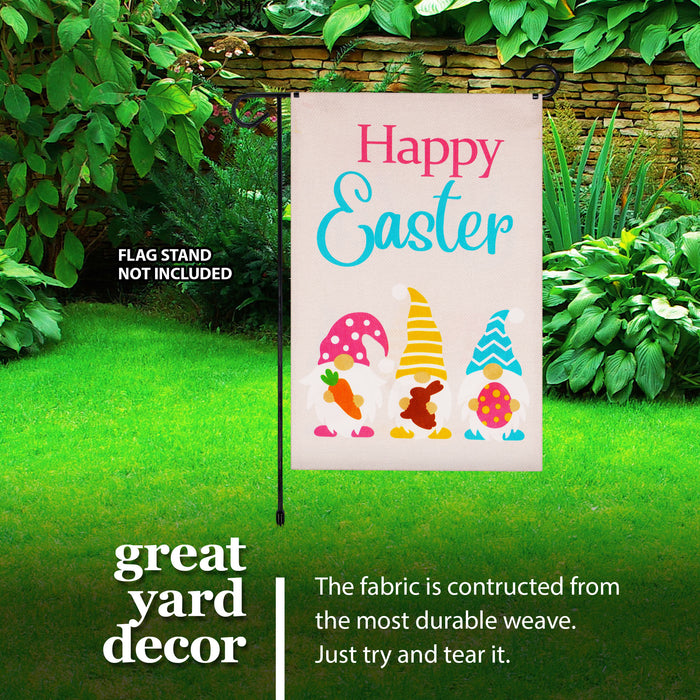 G128 Garden Flag Happy Easter Three Gnomes with Carrot Chocolate Bunny Egg 12"x18" Burlap Fabric