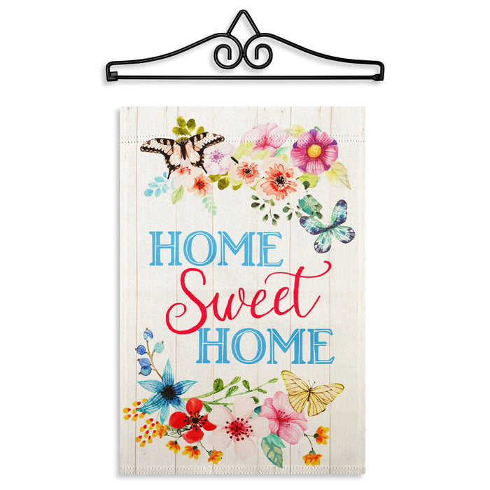 G128 Combo Pack Garden Flag Hanger 14IN & Garden Flag Home Sweet Home Butterflies Printed 12x18IN Double Sided