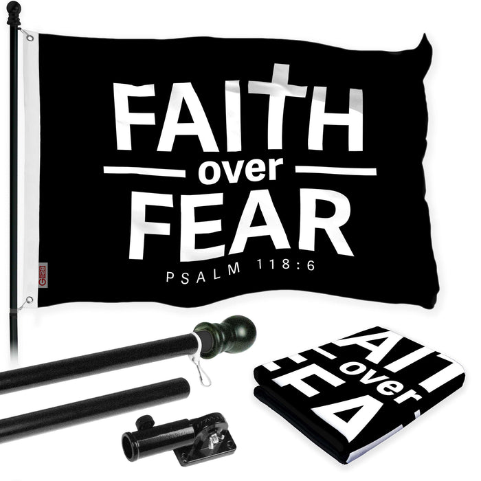 G128 Combo Pack: 6 Ft Tangle Free Aluminum Spinning Flagpole (Black) & Faith over Fear Flag 3x5 Ft, LiteWeave Pro Series Printed 150D Polyester | Pole with Flag Included