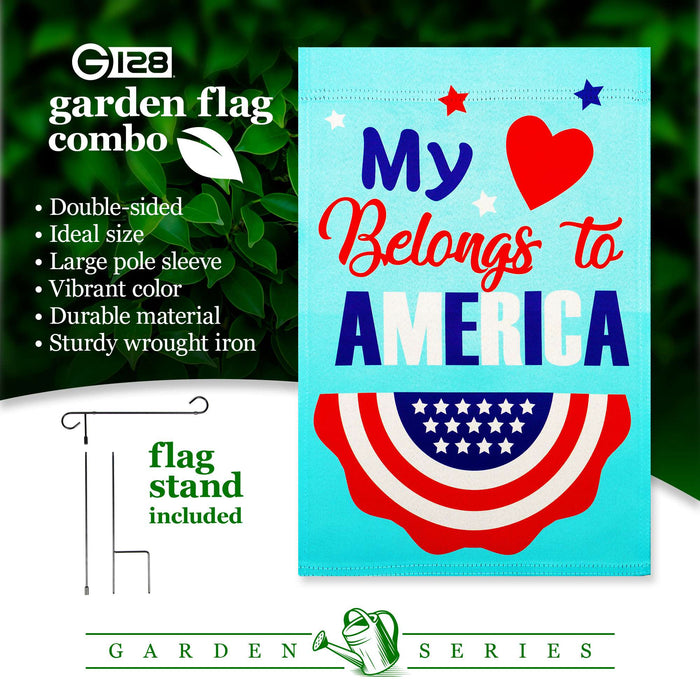 G128 Combo Pack: Garden Flag Stand 36x16IN & Garden Flag Heart America Belongs Printed 12x18IN Double Sided