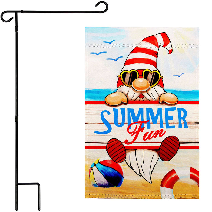G128 Combo Pack: Garden Flag Stand 36x16IN & Garden Flag Summer Fun Gnome Printed 12x18IN Double Sided
