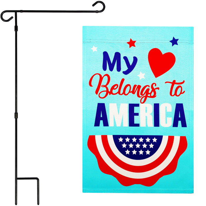 G128 Combo Pack: Garden Flag Stand 36x16IN & Garden Flag Heart America Belongs Printed 12x18IN Double Sided