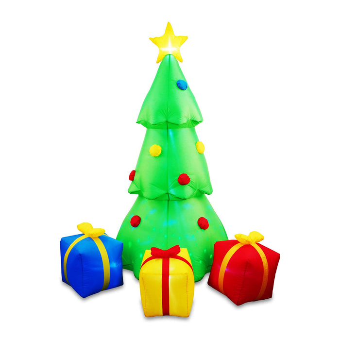 G128 7FT inflatable Christmas tree with three gift boxes and built-in LED lights lit up in a yard