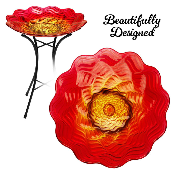G128 19 Inch Height Glass Bird Baths with Metal Stand | Decorative Red BirdBaths Bowl Outdoor Garden Bird Feeder